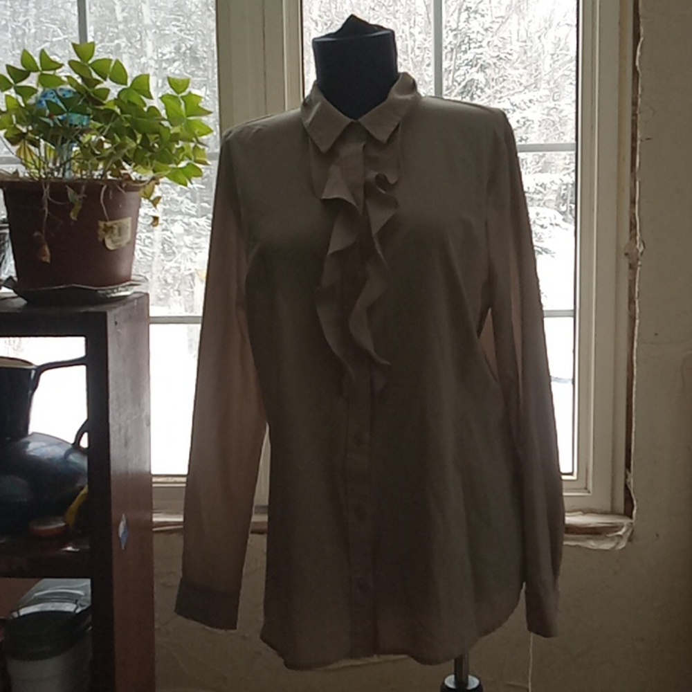 Long Sleeve Button Up Ruffled Front Blouse